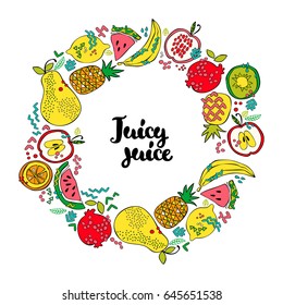 Round frame. Fruits: apple, pear, kiwi, pineapple, lemon, orange, pomegranate, banana, watermelon. Isolated vector object on white background. Juicy juice.