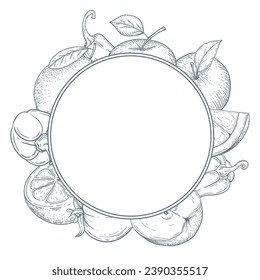 Round frame of fruits and vegetables. Apple, lemon, banana, pepper . Vegan food. Vector illustration