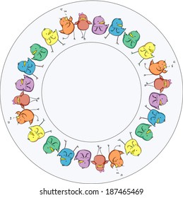 Round frame with funny cartoon rainbow colored birds.