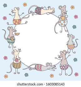 Round frame with funny cute rats and mice and colorful flowers on blue background, symbol of 2020, for cover design, packaging, textile print