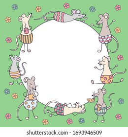 Round frame with funny cute rats and mice and colorful flowers on green background, symbol of 2020, for cover design, packaging, textile print