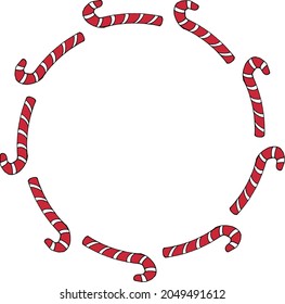 Round frame with funny red christmas candies on white background. Vector image.
