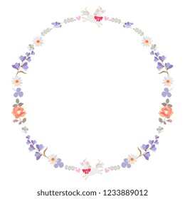 Round frame with funny unicorns, little birds, flowers and leaves isolated on white background. Greeting or invitation card.