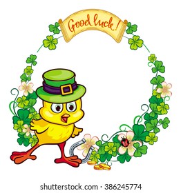 Round frame with funny yellow chick in green hat and clover.Vector clip art.