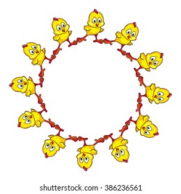 Round frame with funny yellow chicks.Vector clip art.