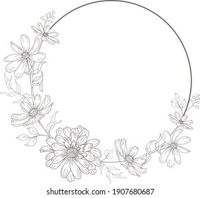 Round frame with garden flowers isolated on white background 