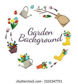 Round frame gardening tools seedling watering can with flowers rubber boots with flowers vector illustration
