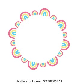 Round frame garland with rainbows. Can be used for cards, kids' bedclothes. Isolated vector illustration on white background.