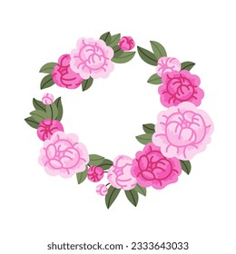 Round frame, garland, wreath or border of colorful blooming peony flowers and leaves. Natural vector illustration in flat style.