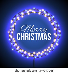 Round frame of garlands. Merry Christmas. Neon blue light. Festive mood. Festive garland. Blue holiday lights. realistic 3D light bulb. vector illustration. neon lights. Festive frame. Christmas frame