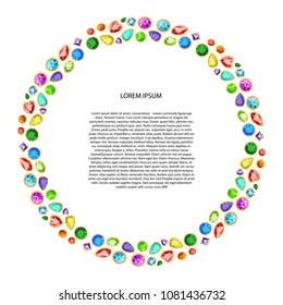 Round frame of gems isolated on white background, with place for text. Vector. For your design