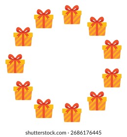 Round frame with gift boxes. Festive design. Isolated background. Flat style vector illustration.