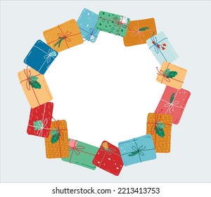 Round frame with gift boxes in flat style. Holiday banner design. Christmas gift box. Christmas sale. Frame layout design.