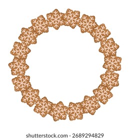 Quadro redondo com biscoitos de floco de neve de gengibre em estilo de Natal. Ilustração isolada do vetor de desenhos animados sobre fundo branco. 