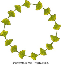 Round frame with ginkgo biloba leaves on white background. Vector image.
