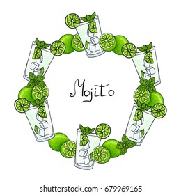 Round frame of glass of mojito, mint leaves, lime slice and whole lime. Hand drawing alcohol cocktail. Vector illustration in cartoon style.