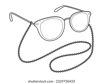 Round frame glasses with chain fashion accessory illustration. Sunglass 3-4 view for Men, women, silhouette style, flat rim spectacles eyeglasses with lens sketch outline isolated on white background