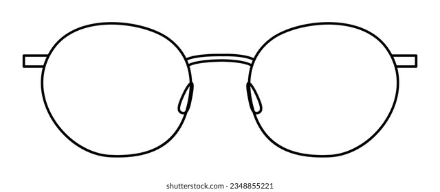 Round frame glasses fashion accessory illustration. Sunglass front view for Men, women, unisex silhouette style, flat rim spectacles eyeglasses with lens sketch style outline isolated on white