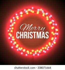 Round frame with glowing lights, garlands of red with the words Merry Christmas.. Background on sale, discounts, promotions in the winter. Seasonal advertising. Suitable for printing, mailing 
