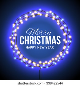 Round frame with glowing lights, garlands of blue with the words Merry Christmas.. Background on sale, discounts, promotions in the winter. Seasonal advertising. Suitable for printing, mailing 