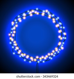 Round frame with glowing lights, garlands of blue. Shining light banner. Background on sale, discounts, promotions in the winter. Seasonal advertising. Suitable for printing, mailing 