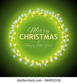 Round frame with glowing lights, garlands of green with the words Merry Christmas.. Background on sale, discounts, promotions in the winter. Seasonal advertising. Suitable for printing, mailing 