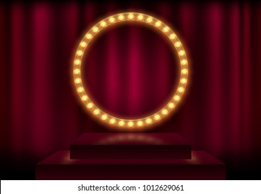 Round frame with glowing shiny light bulbs, vector illustration. Shining party banner on red curtain background and stage podium. Signboard with lamps border for lottery, casino, poker, roulette.