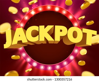 Round frame with glowing shiny light bulbs and realistic 3d coins. Jackpot shining banner. Signboard with lamps border for lottery, casino, poker, roulette. Vector illustration 