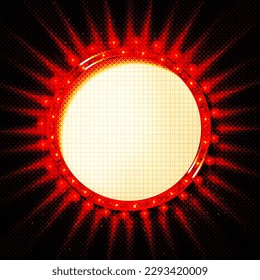 Round frame with glowing shiny light bulbs, vector illustration. Shining party banner on red curtain backgrounds and stage podium. Signboard with lamps border for lottery, casino, poker, roulette.