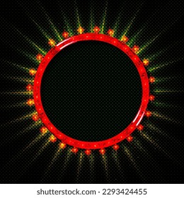Round frame with glowing shiny light bulbs, vector illustration. Shining party banner on red curtain backgrounds and stage podium. Signboard with lamps border for lottery, casino, poker, roulette.