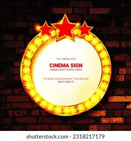 Round frame with glowing shiny light bulbs, vector illustration. Shining party banner on red curtain backgrounds and stage podium. Signboard with lamps border for lottery, casino, poker, roulette.