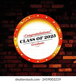 Round frame with glowing shiny light bulbs, vector illustration. Shining party banner on red curtain background and stage podium. Signboard with lamps border for lottery, casino, poker, roulette.