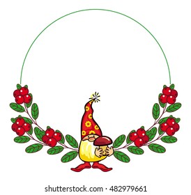 Round frame with gnome in long cap, mushrooms and forest berries. Funny label for decorations, greetings cards, children's books and other design artworks. Vector clip art.