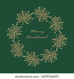 A round frame with gold Christmas snowflakes on a green background. The frame features snowflakes arranged in a circle. Perfect for Christmas cards, posters, and banners.