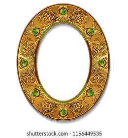 round frame gold color with emeralds on white background 