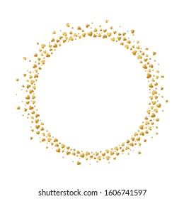 Round frame with gold confetti hearts and circles isolated on white background. Golden explosion of confetti. Holiday background. 