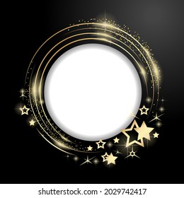 Round frame with gold stars and glitter. Set of sparkling frames with stardust, flickering star particles, shining sparks and gold glitter texture. Template for an exquisite festive background. Vector
