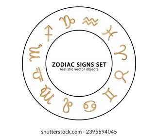 Round Frame with gold zodiac signs. Realistic gold design of horoscope constellations vector illustration