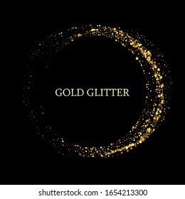 
Round frame of golden dust elements on a black background. Golden glitters