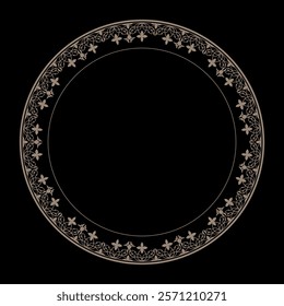 Round frame with golden floral ornament with arabesqueson black background. European ornament. Border, frame, circle, ring, Ancient Greece, Roman Empire. For textile, embroidery, porcelain