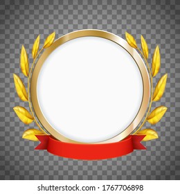 Round frame. Golden laurel wreath with a red ribbon. Isolated on a transparent background. Vector template.