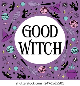 Round frame of good little witch symbols - cat, bat, broom, hat, pentagram and cauldron. Happy Halloween and Power girl theme. Border, background or title for greeting card, invitation, party poster