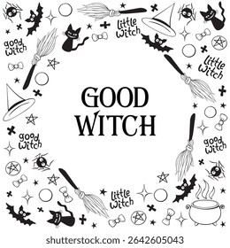 Round frame of good little witch symbols - cat, bat, broom, hat, pentagram and cauldron. Happy Halloween and Power girl theme. Border, background or title for greeting card, invitation, party poster