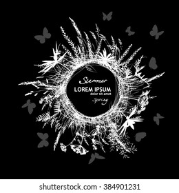 round frame with grass and butterflies. Vector