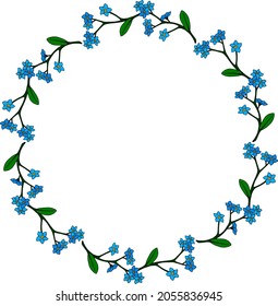 Round frame with great flowers forget-me-not on white background. Vector image.