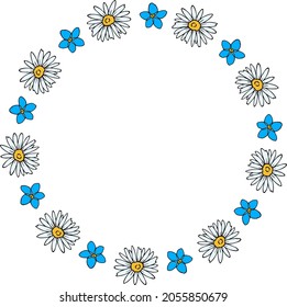 Round frame with great flowers forget-me-not and chamomile on white background. Vector image.