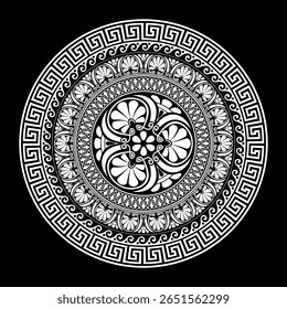 Quadro redondo com ornamento grego. Chave grega clássica, onda, meandros florais. Padrões da Grécia, Roma antiga. A chave grega é sinuosa. Arredondar quadro grego. Circular a fronteira europeia. Para têxteis, gravura