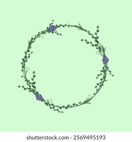 A round frame of green branches with leaves and stylized blue berries on a pale green background.Vector greeting card for greeting designs.