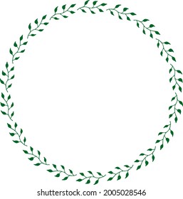 Round frame with green branches on white background. Doodle style. Vector image.