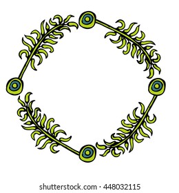 round frame of green leaves and abstract circles. vector. hand drawing